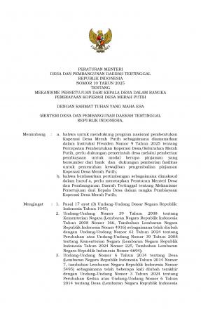 Peraturan Menteri Desa dan Pembangunan Daerah Tertinggal Nomor 10 Tahun 2025 tentang Mekanisme Perse